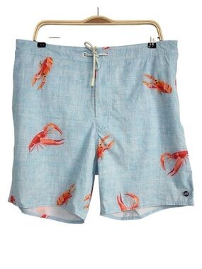 Johnnie-O Crayfish Print Swim Trunks Light Blue Drawstring Board Shorts XL